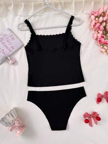 PetitDoll 2pcs Women Lace Patchwork Lingerie Set - Black - View 2