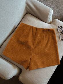 SHEIN Pantalones cortos elegantes y de moda de mezcla de lana brillante para mujeres - Óxido marrón - Ver 2