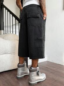 Manfinity EMRG Quần short denim đen nam kiểu dáng đường phố thường ngày, nhiều túi và họa tiết. - màu đen - Xem 2