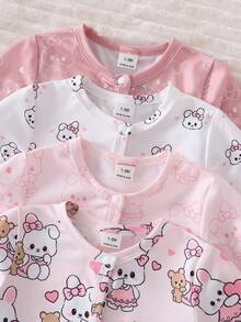 4pcs Newborn Cute Rabbit & Bear Graphic Footie Pajamas, Pink & White - Multicolor - View 6