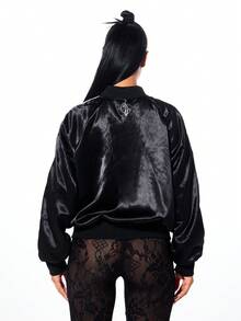 BABYPHAT Satin Varsity Jacket With Script Text Print Bomber Style Ribbed Cuffs Contrast Sleeves Winter Fall Outerwear - Black - View 2