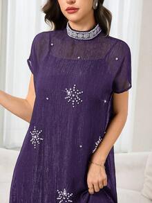 Al Najma Women's Rhinestone Decor Stand Collar Elegant Short Sleeve Dress - Purple - View 1