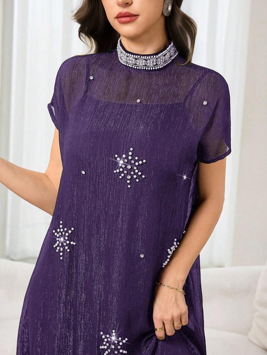 Al Najma Women's Rhinestone Decor Stand Collar Elegant Short Sleeve Dress - Purple - View 1