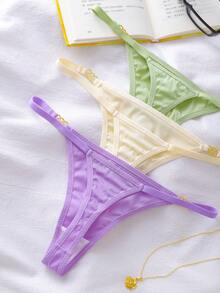 Snug Zone 3 pièces/set Culottes tanga sexy avec décoration métallique de couleur unie pour un port quotidien pour femmes - Multicolore - Voir 3