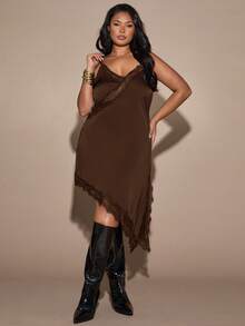 SHEIN BAE 大码宽松方肩修身半身裙垂褶环扣细节T恤裙街头风可爱优雅休闲性感秋季外出太妃糖色鸡尾酒裙，适合圣诞节、情人节、感恩节等场合，优雅连衣裙，棕色连衣裙 - 咖啡棕 - 查看 4