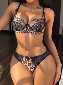 2pcs Embroidered Patchwork Leopard Print Mesh Underwire Bra Set - Multicolor - View 1
