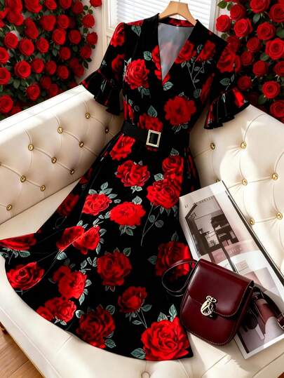 GlowEve Women's Rose Print Waist A-Line Contrast Collar Design With Belt, Elegant For Daily, Vacation, Commute, Valentine's Day Date, French Street Style Retro Versatile Party, Brown Rose Pattern Early Spring/Spring-Summer Sleeveless New Mid-Length Dress