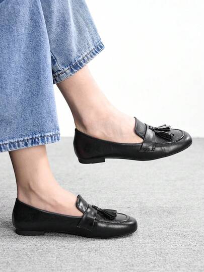 CUCCOO BIZCHIC 女士极简通勤办公漆皮流苏乐福平底鞋