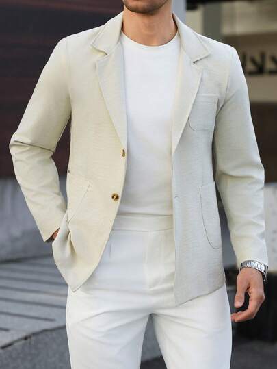 Manfinity Mode Men's Solid Color Casual Blazer, Made Of Linen-Feel Fabric, Suitable For Daily Commute Wear, Also An Ideal Gift For Boyfriend Or Husband, Men's Fashion Blazer, Men's Casual Blazer