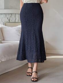 DAZY Women's Solid Color Lace Fitted Elegant Mermaid Skirt - Navy Blue - View 5