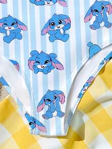 Tween Girl Cute Cartoon Blue Stitch & Rabbit Striped One-Piece Swimsuit, Suitable For Swimming, Vacation, Summer Beach - Blue and White - View 7