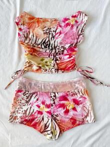 Soleia 两件套女士斜肩修身上衣搭配低腰亮片撞色超短裤，适合派对、夜店、波西米亚风、度假、秋季、复古、假日等场合。 - 彩色 - 查看 2