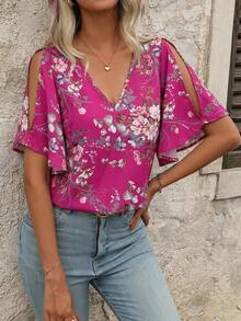 SHEIN Clasi Women's V-Neck Floral Print Ruffle Sleeve Split Hem Blouse - Hot Pink - View 3