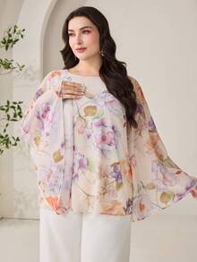 Veilorie Plus Size Women Elegant Floral Print Loose Fit Round Neck Blouse, Autumn - Multicolor - View 6