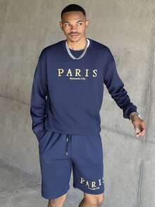 Ngobest Haus Ngobest Haus Men's Casual Letter Print Crew Neck Sweatshirt And Shorts Set, Spring & Autumn, Fall Clothes - Navy Blue - View 4