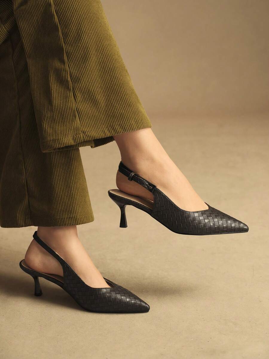 Rosivie Sandalias de tacón alto para mujer, tacones de aguja con punta puntiaguda y estampado de tejido en negro, tacón de gatito elegante, bombas con cierre de hebilla para ir al trabajo, se pueden combinar con vestidos de fiesta - Negro - Ver 1