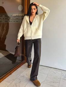 Aidyla Áo khoác cardigan hoodie có mũ trùm đầu cỡ lớn, thoải mái, có thể đảo ngược, khóa kéo, áo khoác len dệt kim đa năng thời trang cho mùa thu/đông - Kem - Xem 3