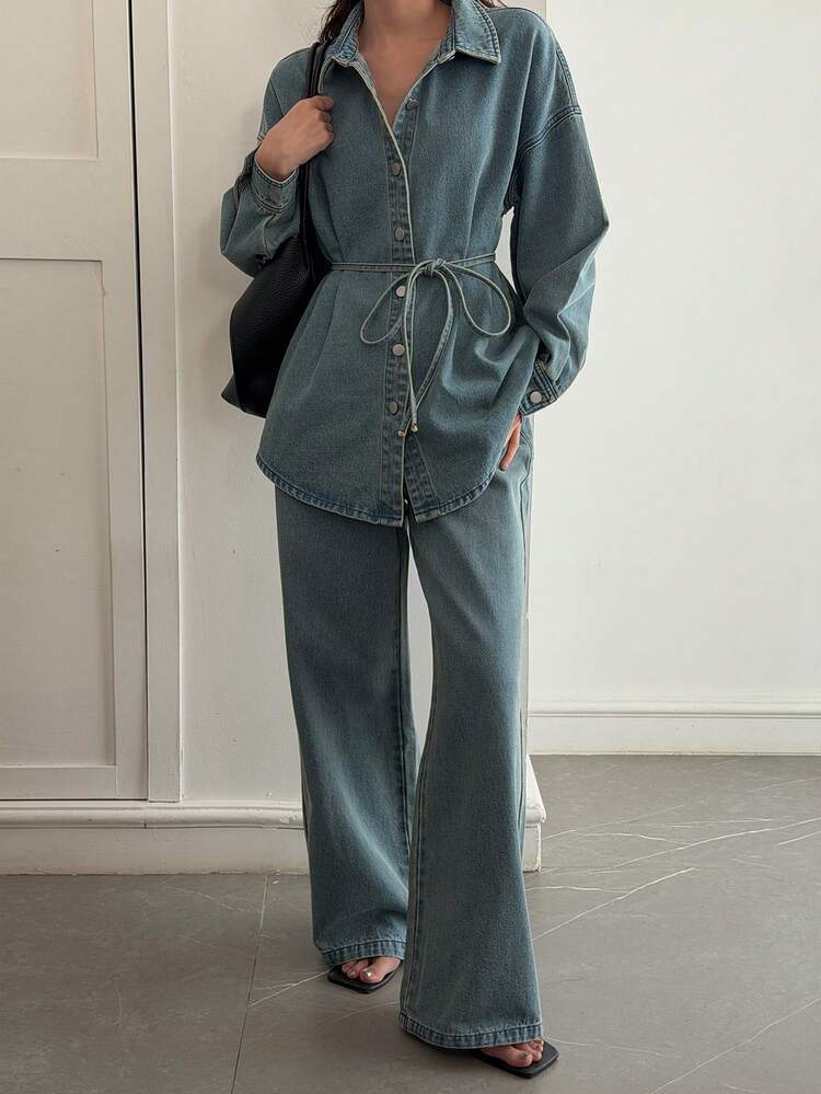 Women's Casual Loose Vacation Style Cinched Waist Shirt And Wide Leg Pants Set, Spring/Summer