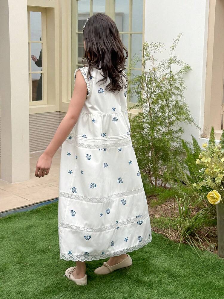 Tween Girl Starfish Print Frill Trim Loose Cute Dress Summer