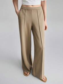 Ontre 2026 Spring/Summer Women's Comfortable Soft Knit Fabric Wide Leg Pants, Loose Fit Elastic Waistband, Toothpick Stripe Design, Modern Urban Chic Business Casual - Brown - View 1