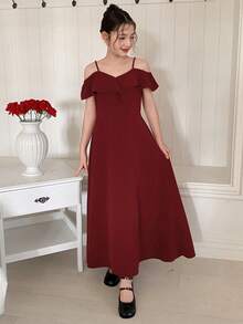 DAZY Tween Girl Solid Color Ruffle Trim Off-Shoulder Fashionable Dress Summer - Burgundy - View 7