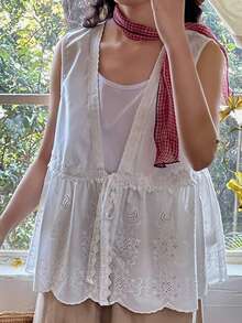FRIFUL Áo tank top không tay thêu ren xếp lớp dành cho nữ, thích hợp cho mùa hè. - Màu Khaki - Xem 3