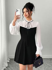 SHEIN PETITE CURVE 女士甜美优雅荷叶边领长袖连衣裙 - 黑色 - 查看 1