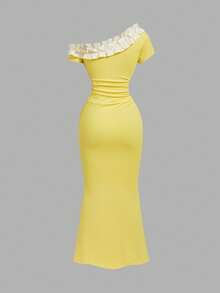 SHEIN MOD Đầm dài nữ thanh lịch, phối màu, viền bèo nhún, vai lệch, tay ngắn, xếp ly, ôm dáng. - Màu vàng - Xem 3