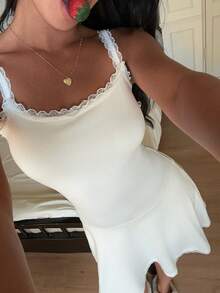 Lowkey Lull Ins Comfortable Minimalist Lace Fitted Casual Camisole Dress, Women Sleepwear - White - View 4