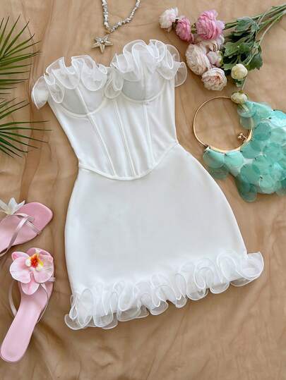 Soleia Romantic Ruffle Trim Fitted Mini Dress, Bohemian, Boho, Vacation, Vintage, Holiday, Beach, Cruise