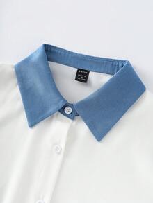 Franclia Blue And White,Summer,Elegant And Classy,School,Back-To-School Denim Collar Short Sleeve Shirt With Metal Gold Chain Belt,Loose Minimalist Style - Blue and White - View 5
