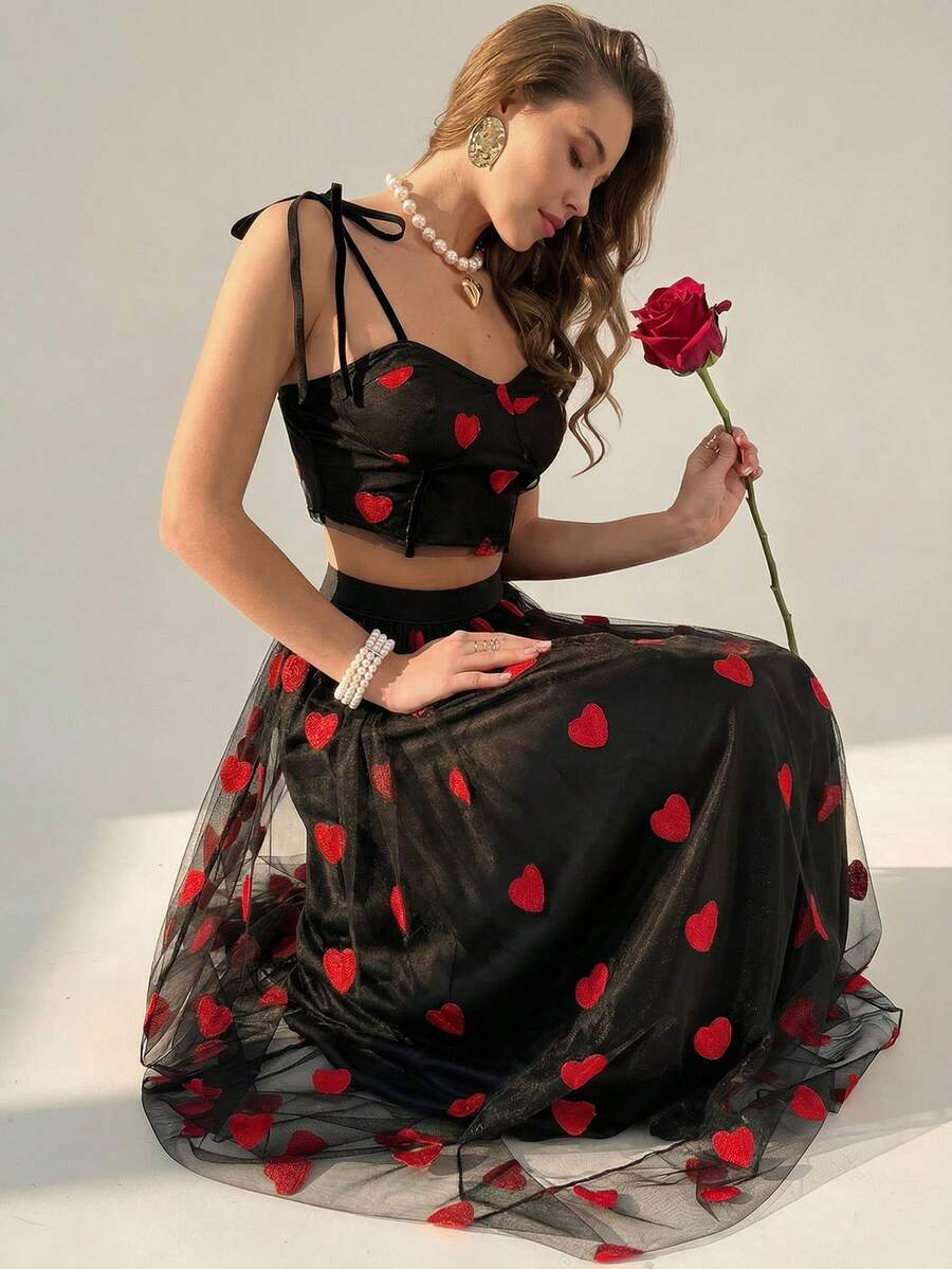 Rafferiza Women's Black Summer Elegant Lace Heart-Shaped Embroidery Strapless Halter Top And Skirt Set,Birthday Party Valentine's Day Wedding Banquet Fashion - Black - View 1