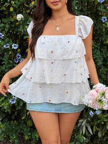 Sunnyshic Colorful Embroidered Cap Sleeve Casual Blouse, Sweet Summer Holiday Style - Apricot - View 4