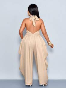 SOLERSUN Spring And Summer Plus Size,Women's Elegant Loose Khaki Halter Cutout Tie Back Backless Pleated Pocket Plus Size Pleated Structure Elastic Waistband Harem Jumpsuit,Suitable For Daily Dressing, Shopping And Dating, Music Festivals, Back To School Season, Teacher's Day Dressing, Office, Fashionable Commuting - Khaki - View 3