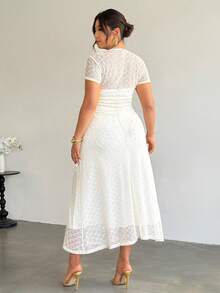 Firerie 大码女士优雅天鹅领针织纹理A字提花网纱性感约会褶裥长连衣裙，适合办公室穿着 - 杏色 - 查看 3