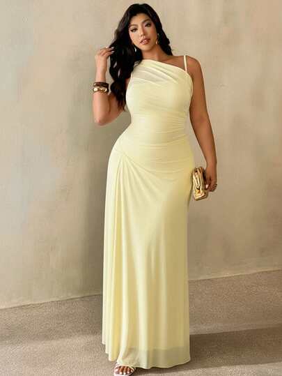 Auralis Plus Size Women's Elegant Minimalist Chic Fashion Basic Ins-Style Dress, Suitable For Office, Commute, Music Festival, Beach Vacation, Featuring Sheer Mesh, Asymmetric Neckline, Ruched, Bodycon, Sleeveless, Maxi Length/Yellow Off-Shoulder Halter-Neck, Fitted Waist, Pleated Design For A Slimming Effect / Plus-Size Mesh See-Through High-Elastic Long Dress