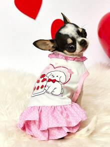 PETSIN Cute Puppy Cake Print Pet Dress - Pink Polka Dot Ruffled Skirt Dog Dress, Darling Graphic Cat Summer Outfit With Elastic Neck - powder - View 2