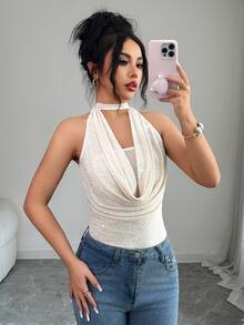 SHEIN Elenzya Women's Elegant French Mesh Foil Scoop Neck Sleeveless Halter Tie Camisole, Suitable For Daily Wear, Dates, And Partiess See Through Top Women Tops Sexy Sexy Clothes See Through Tops Bodysuit Top - Apricot - View 5