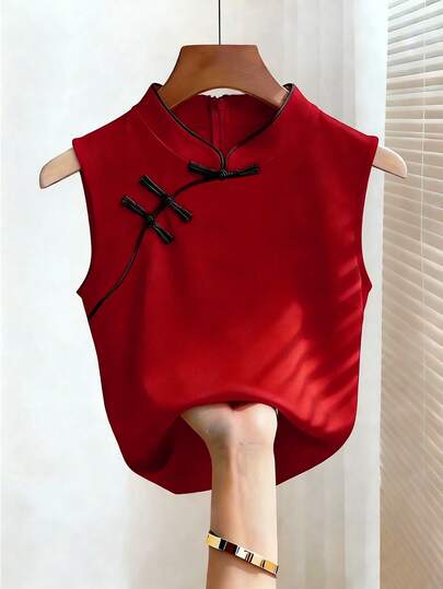Franclia Blusa roja de estilo retro chino con cuello y sin mangas, inspirada en el cheongsam sexy, versátil para uso diario, adecuada para el Día de San Valentín