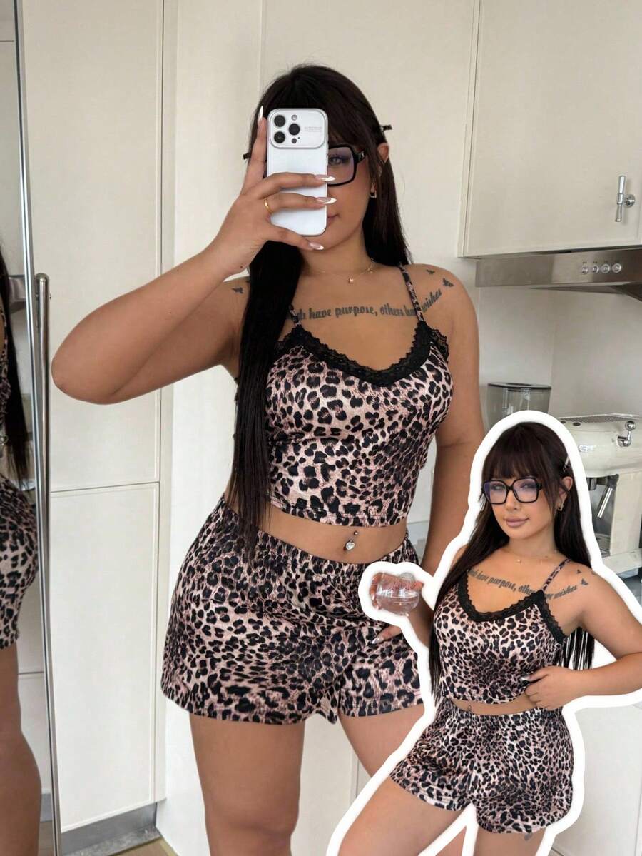 ZzzCrew 蕾丝拼接豹纹吊带睡衣短裤套装，丝滑蕾丝边睡衣，大码女装夏季新款 - 彩色 - 查看 1
