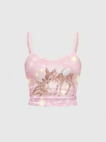 ROMWE Kawaii 可爱小鹿仙女翅膀和星空浪漫性感吊带背心和低腰喇叭裤女式两件套，春夏款 - 粉色 - 查看 5