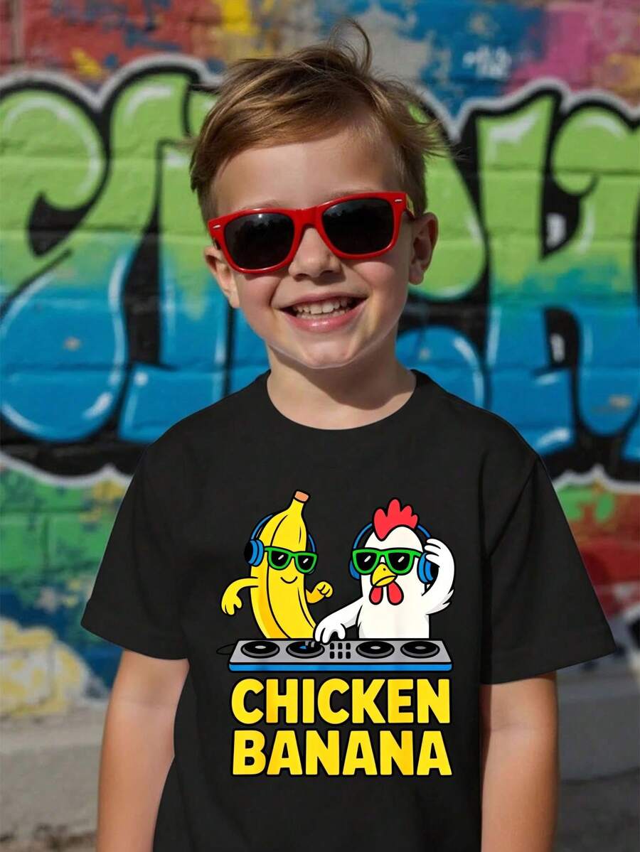 SHEIN Young Boys' Casual Minimalist Round Neck T-Shirt, Suitable For Summer, Classic Cool Street Style Cartoon CHICKEN BANANA, Graphic Text Print, Y2K - Black - View 1