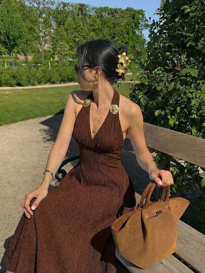 SHEIN MOD Women's Metallic 3D Floral Ruffle Trim Maxi Dress,Valentine's Day,Valentine Outfits For Women,Carnaval, Women's Elegant Maxi Dress, Women's Party Dress, Sexy Dress, Party Dress, Casual Dress, Vintage Dress, Country Music Festival Outfit, Chocolate Brown Dress, Elegant Brown Dress, Brown Cocktail Dress,