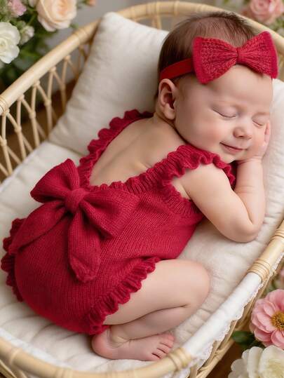 SHEIN Knitting Newborn Photography Romper With Bow Hedband Baby Girl Big Bowknot Jumpsuit For Shooting Infant Knitted Red Sweater Outfits For Valentine Newborn Red Outfit Baby Ruffle Romper Red Bow Baby Newborn Romper With Bow Newborn Knit Outfit