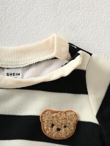 SHEIN 新生男嬰黑白條紋秋季可愛節日泰迪熊圖案長袖圓領上衣配長褲時尚休閒套裝 - 黑與白 - 查看 4