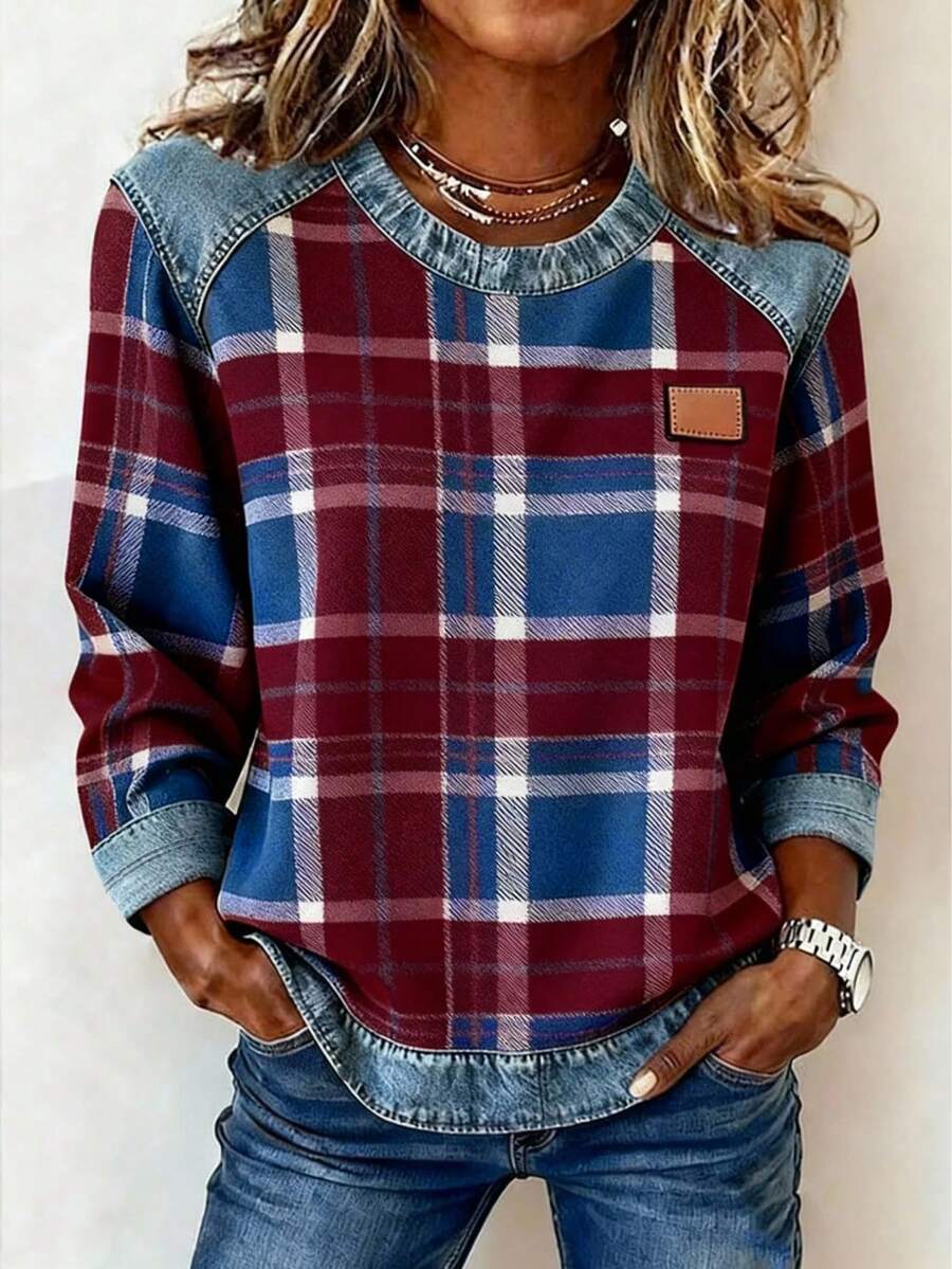 EMERY ROSE Women's Plaid Round Neck Loose Casual Long Sleeve T-Shirt - Multicolor - View 1