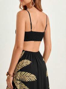 CAJUNI Women's Summer Vacation Coconut Tree Print Hollow Front Tie Strap Dress - Black - View 2