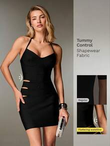 Nuvra Đầm trơn màu, khoét lưng, cổ yếm, không tay, ôm sát. - màu đen - Xem 3