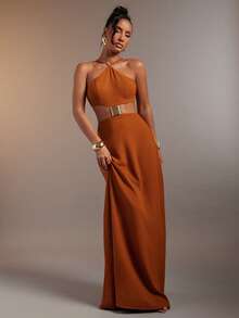 Hauture 女士性感装饰吊带露背长裙 - 鏽棕色 - 查看 5