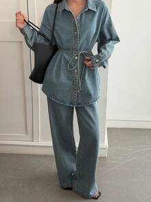 DAZY Women's Casual Loose Vacation Style Cinched Waist Shirt And Wide Leg Pants Set, Spring/Summer - Blue - View 3